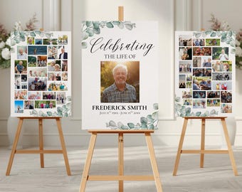 Paquete de carteles conmemorativos de eucalipto: letrero de bienvenida para funeral, plantilla de Canva editable, descarga digital imprimible