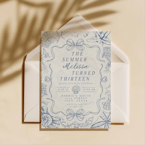 May include: A light blue invitation card with a seashell design, inside a white envelope. The card reads "The Summer Melissa Turned Thirteen" with event details. The design includes bows and seashell illustrations.