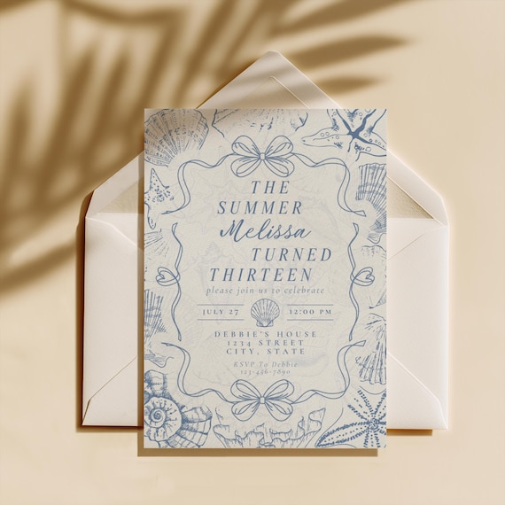Coquette Seashell The Summer I Turned Birthday Invitation Template, Coastal Beach Party Invite (Digital Download)