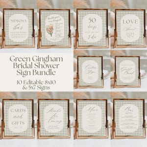 May include: A collection of ten rectangular signs featuring a green and white gingham pattern border and a central oval area with text. The signs include various event labels such as Mimosa Bar, Build Your Own Bouquet, 50 Days Until She Says I Do, Love Is Sweet, Guest Book, Cards and Gifts, Thanks For Coming, Menu, and Bar Menu.