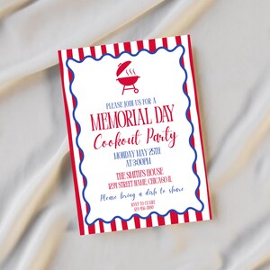 Puede incluir: Una invitaci&oacute;n a una fiesta de barbacoa del D&iacute;a de los Ca&iacute;dos con un tema rojo, blanco y azul. La invitaci&oacute;n presenta un gr&aacute;fico de barbacoa roja y el texto "Memorial Day Cookout Party" y los detalles del evento. La invitaci&oacute;n est&aacute; bordeada con rayas rojas y blancas.