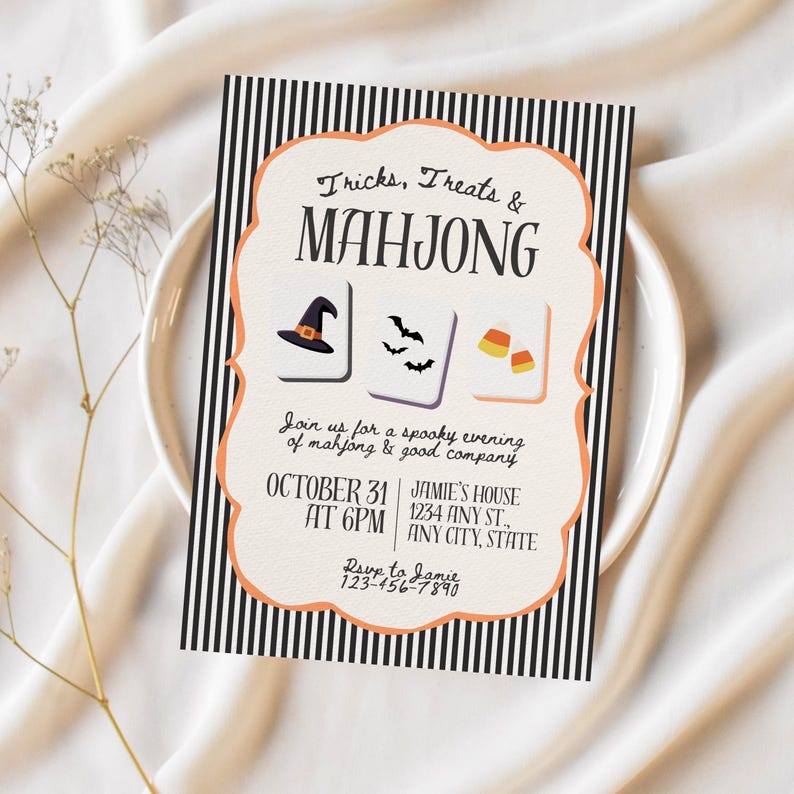 May include: A rectangular Halloween party invitation with a black and white vertical striped border and an orange scalloped frame. It features the text Tricks, Treats & MAHJONG, three mahjong tiles with a witch hat, bats, and candy corn, and event details.