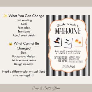 May include: A digital invitation template featuring a black and white vertical striped background and a central scalloped frame in orange. The text reads Tricks, Treats & MAHJONG, with illustrations of a witch hat, bats, and candy corn tiles.
