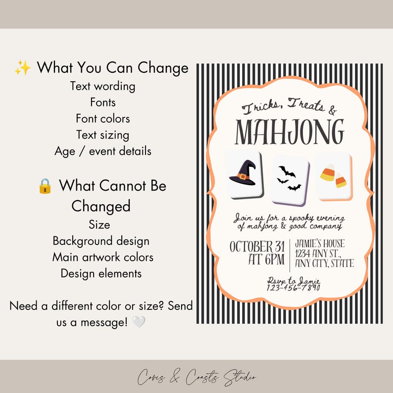 May include: A digital invitation template featuring a black and white vertical striped background and a central scalloped frame in orange. The text reads Tricks, Treats & MAHJONG, with illustrations of a witch hat, bats, and candy corn tiles.