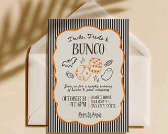 May include: A rectangular invitation card featuring a black and white vertical striped border and a central cream-colored panel with an orange scalloped edge. The text reads Tricks, Treats & BUNCO, October 31 at 6PM, and includes dice, bat, and ghost icons.