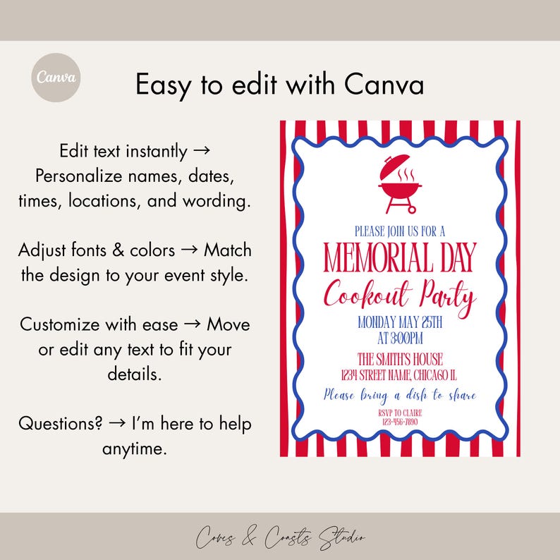 Puede incluir: Una invitaci&oacute;n a una fiesta de barbacoa del D&iacute;a de los Ca&iacute;dos con un dise&ntilde;o rojo, blanco y azul. El dise&ntilde;o incluye un gr&aacute;fico de barbacoa y el texto "Please join us for a Memorial Day Cookout Party". Personalizable con Canva.