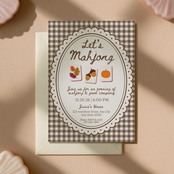 Autumn Mahjong Invitation Template, Editable Fall Brown Gingham Game Night Party Invite (Digital Download)