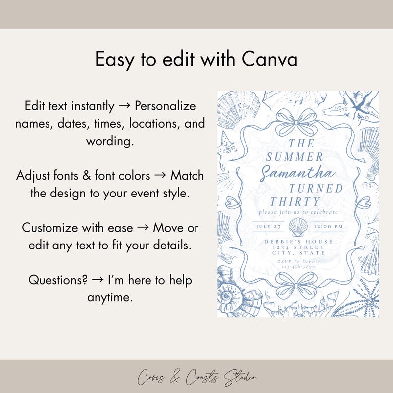 May include: A light blue invitation with seashell and bow illustrations. The text reads "The Summer Samantha Turned Thirty" with event details. The invitation is easy to edit with Canva.