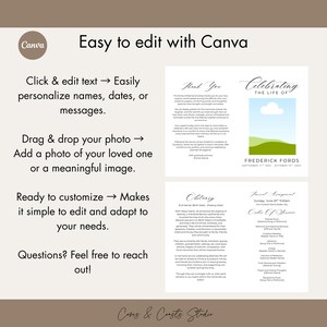 Puede incluir: Una plantilla beige de Canva con el texto "F&aacute;cil de editar con Canva". La plantilla incluye secciones para personalizaci&oacute;n, inserci&oacute;n de fotos y personalizaci&oacute;n. Tambi&eacute;n presenta texto de muestra para un obituario y un servicio conmemorativo.