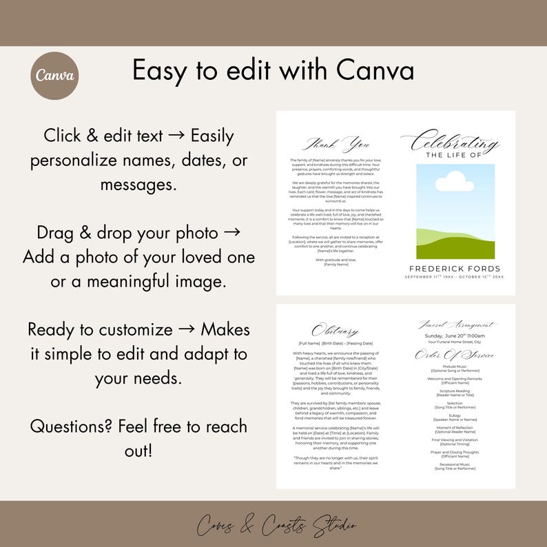 Puede incluir: Una plantilla beige de Canva con el texto "F&aacute;cil de editar con Canva". La plantilla incluye secciones para personalizaci&oacute;n, inserci&oacute;n de fotos y personalizaci&oacute;n. Tambi&eacute;n presenta texto de muestra para un obituario y un servicio conmemorativo.
