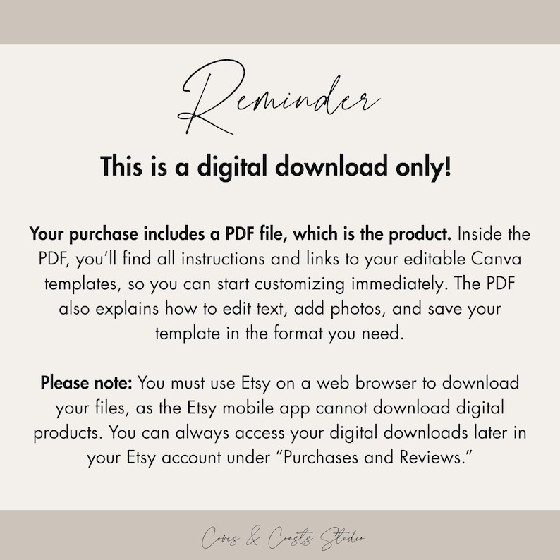 Pode incluir: Um an&uacute;ncio de download digital com a palavra "Reminder" em escrita cursiva. O texto abaixo diz: "This is a digital download only!" e fornece instru&ccedil;&otilde;es para acessar o arquivo PDF e os modelos Canva.