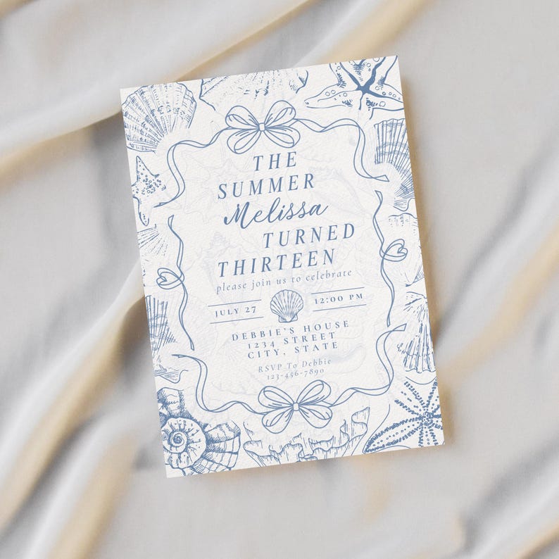May include: A white invitation card with blue seashell illustrations and text. The text reads "The Summer Melissa Turned Thirteen" with event details. The card is decorated with bows and ribbons.