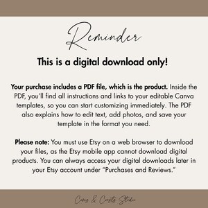 Puede incluir: Anuncio de descarga digital con la palabra "Reminder" en escritura elegante. El texto indica que el producto es solo una descarga digital, que incluye un archivo PDF con instrucciones y enlaces para plantillas de Canva editables. La parte inferior de la imagen tiene el texto "Coves & Consts Studio."