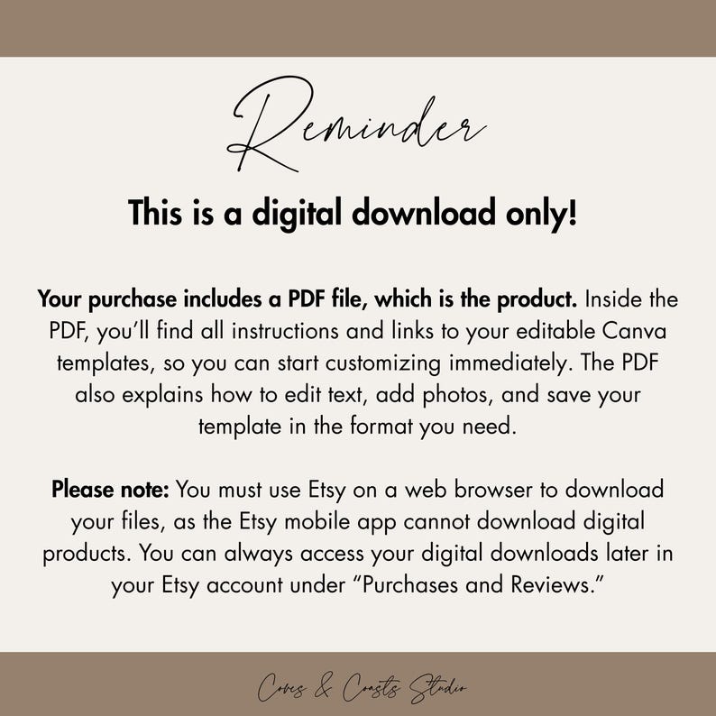 Puede incluir: Anuncio de descarga digital con la palabra "Reminder" en escritura elegante. El texto indica que el producto es solo una descarga digital, que incluye un archivo PDF con instrucciones y enlaces para plantillas de Canva editables. La parte inferior de la imagen tiene el texto "Coves & Consts Studio."