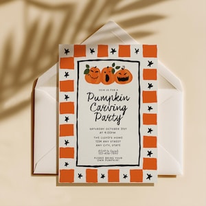 May include: A rectangular invitation card with a border of orange squares and black stars. The center features three illustrated pumpkins and the text: JOIN US FOR A PUMPKIN CARVING PARTY, SATURDAY OCTOBER 31ST AT 4:00PM, THE LLOYD'S HOME, 1234 ANY STREET, ANY CITY, STATE, RSVP TO SARAH 123-456-7890, PLEASE BRING YOUR OWN PUMPKIN.