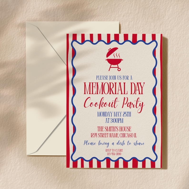 Plantilla de invitación para barbacoa del Día de los Caídos, invitación para fiesta patriótica (descarga digital) imagen 1