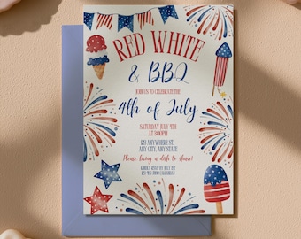 Plantilla de invitación para barbacoa en rojo, blanco y azul, invitación para fiesta patriótica del 4 de julio (descarga digital)