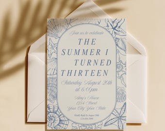 Seashells The Summer I Turned Birthday Invitation Template, Coastal Beach Party Invite (Digital Download)
