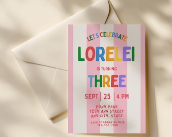 Bunt gestreift Kindergeburtstag-Party Einladung Vorlage, helle lustige Party einladen (Digitaler Download)