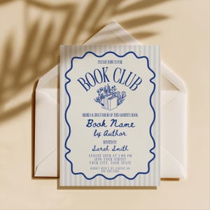Book Club Invitation Template, Blue Stripe Girls Book Night, Editable Canva Invite (Digital Download)