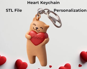 Llavero personalizado de gato con corazón STL / Archivo de impresión 3D con nombre personalizado / Regalo de San Valentín STL