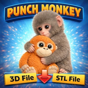 May include: An illustration of two monkey toys, one grey and one orange, embracing. The image displays the text "PUNCH MONKEY" in orange and blue. Below the monkeys are the words "3D File" and "STL File". The background is blue with white starbursts.