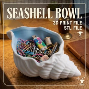 May include: A white seashell-shaped bowl with a light blue interior, filled with various office supplies including colorful paper clips, a USB drive, screws, and a small spool. The text SEASHELL BOWL 3D PRINT FILE STL FILE is visible above.