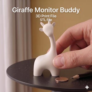 May include: A white giraffe-shaped monitor buddy, with the text "Giraffe Monitor Buddy" and "3D Print File STL File". The giraffe is on a dark surface with a penny and pencil nearby.