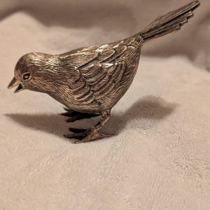 May include: A metallic silver-toned bird figurine featuring intricate, etched feather detailing across its wings and body. The bird is depicted in a standing position with its head slightly tilted downward and its beak open, showcasing a textured surface.