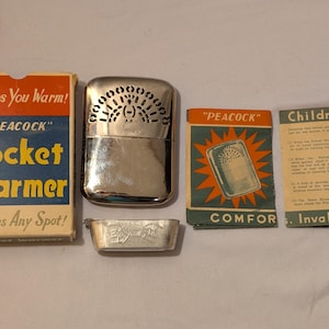 Vintage fickvärmare "Peacock" från 1940-talet, tillverkad i Japan, komplett i låda