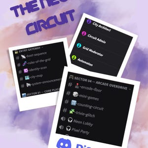 May include: Image featuring the text "THE NEON CIRCUIT" in purple, with three polaroid-style images. The images display Discord server interface elements, including channel names and commands. The Discord logo is visible at the bottom.