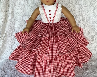 Retro 18" Doll Dress: Red Gingham Ruffles, Eyelet Trim, 50s Style
