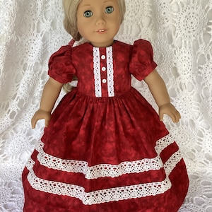 18 Inch Doll Dress: Red Cotton Lace Trim, Half Slip