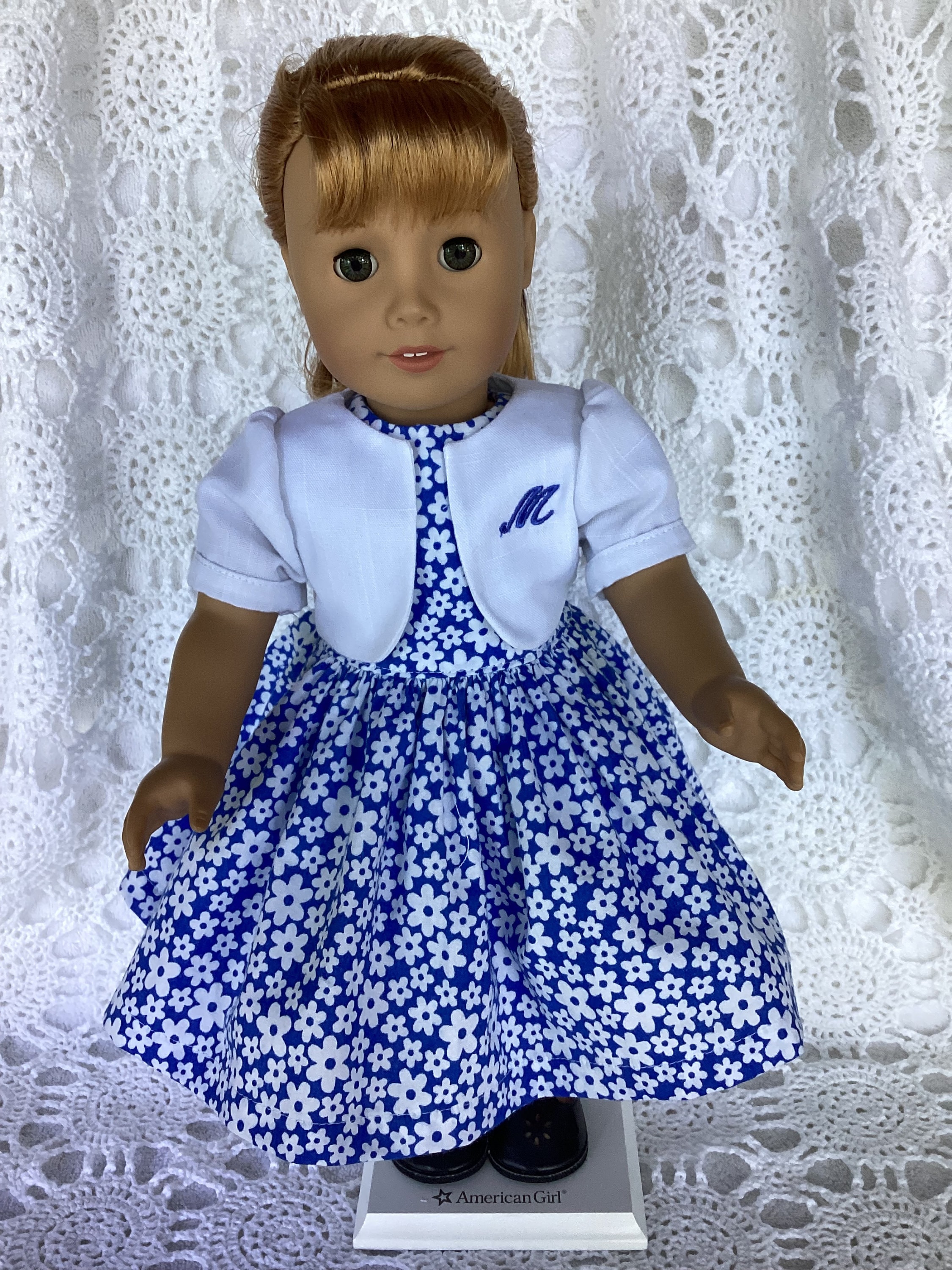 18 inch doll dress, monogrammed jacket, and half Fits American Girl  Royal blue floral