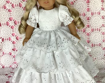 18 inch doll Retro Ruffled dress.  Fits American Girl Dolls.  White eyelet embroidery.