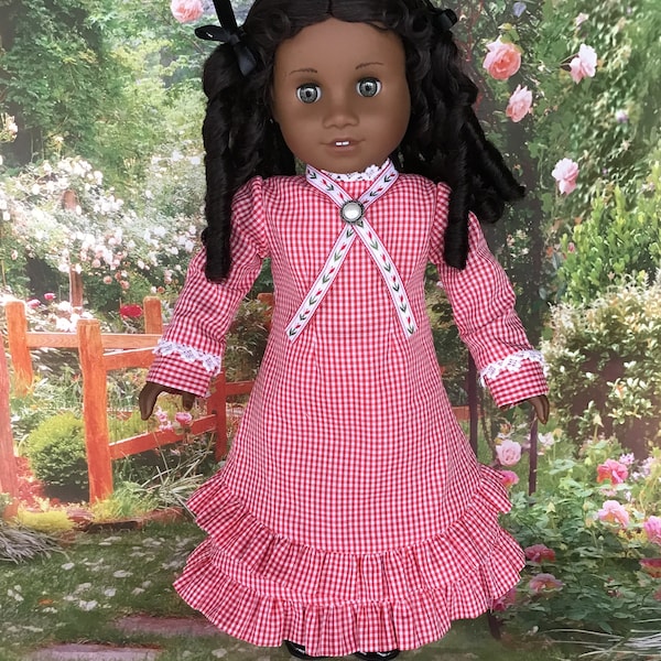 18 inch Historical Doll dress. Mary and Laura Ingalls  dress, underskirt, and hanky. Red and white gingham checks.