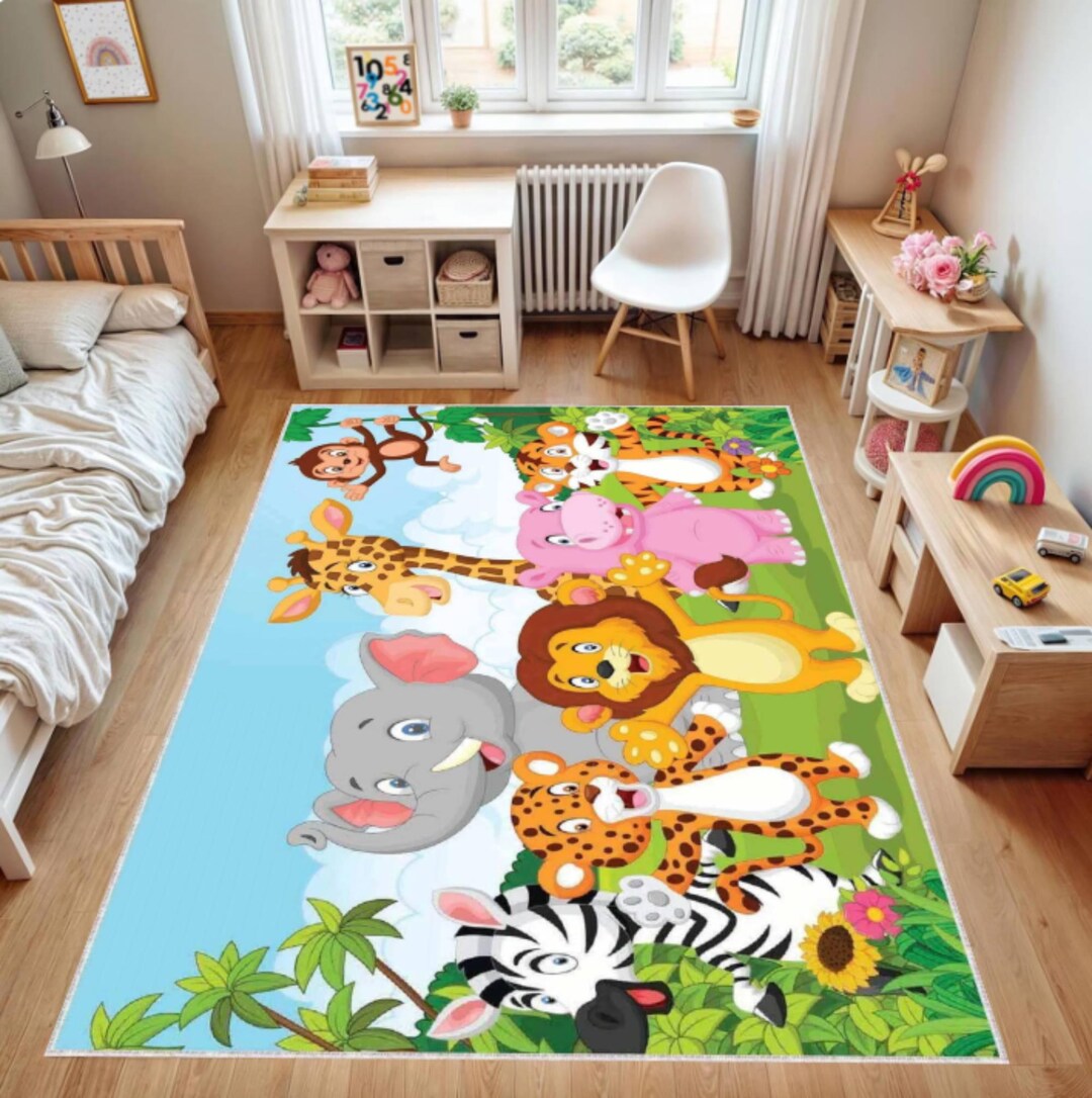 Jungle Animals Rug, Kids Area Rug, Cute Safari Nursery Carpet, Washable ...