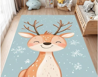 Cute Winter Deer Kids Rug, Nursery Room Decor, Washable Non Slip Area Rug, Woodland Animal Carpet, Baby Room Play Mat, Soft Cozy Floor Rug
