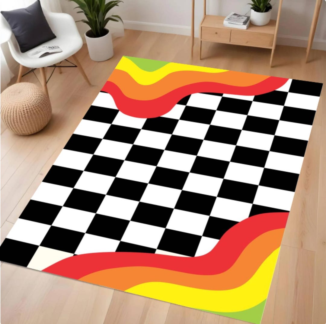 Faded Checkerboard Rug Modern Checkerboard Area Rug, Retro Wave Accent Design, Washable Non ...