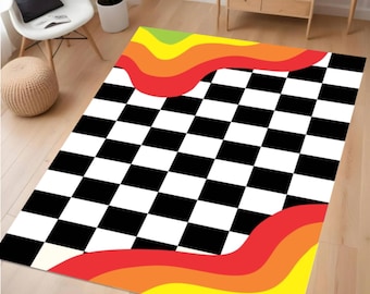 Modern Checkerboard Area Rug, Retro Wave Accent Design, Washable Non Slip Carpet, Bold Color Floor Rug for Living Room,Bedroom, Studio Decor