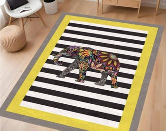 Boho Elephant Area Rug, Colorful Floral Elephant Carpet, Modern Living Room Decor, Washable Rug, Non Slip Backing, Stylish Home Floor Rug