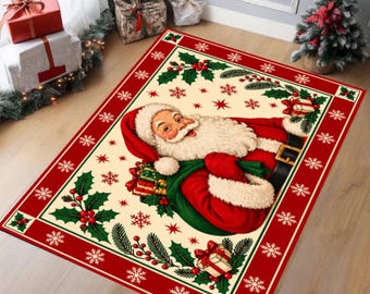 Vintage Santa Christmas Rug, Washable Non-Slip Holiday Carpet (Red)