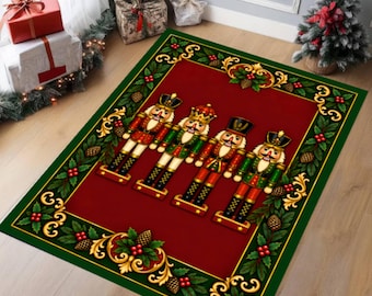 Nutcracker Christmas Rug, Washable Non-Slip Holiday Decor, Red Festive Living Room Carpet