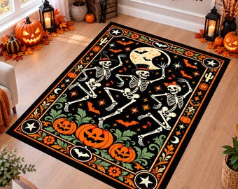 Halloween Skeleton Rug, Dancing Skeleton Decor, Vintage Halloween Rug, Washable Non Slip Rug, Spooky Gothic Decor, Pumpkin Area Rug