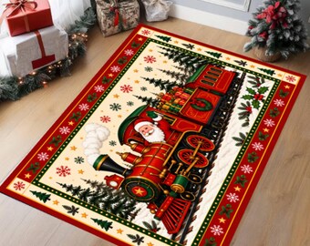 Santa Train Christmas Rug, Washable Holiday Carpet, Festive Winter Decor