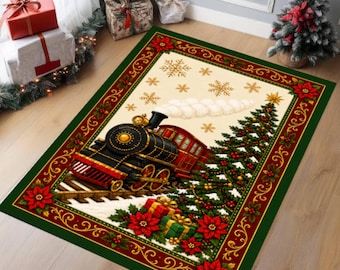 Christmas Train Area Rug, Washable Non-Slip Holiday Carpet, Farmhouse Winter Decor
