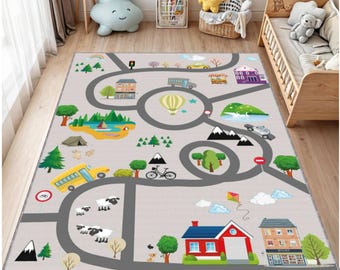 子供用道路地図プレイラグ、都市交通プレイマットカーペット、洗えるラグ、滑り止め子供用エリアラグ、プレイルーム保育園フロアマット、幼児用車遊び装飾