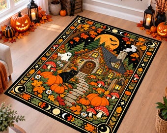 Halloween Cottagecore Rug, Black Cat Ghost Area Rug, Pumpkin Fall Decor, Washable Non Slip Rug, Spooky Autumn Carpet, Witchy Home Decor