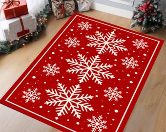 Red White Snowflake Christmas Area Rug, Washable Non-Slip Holiday Floor Mat