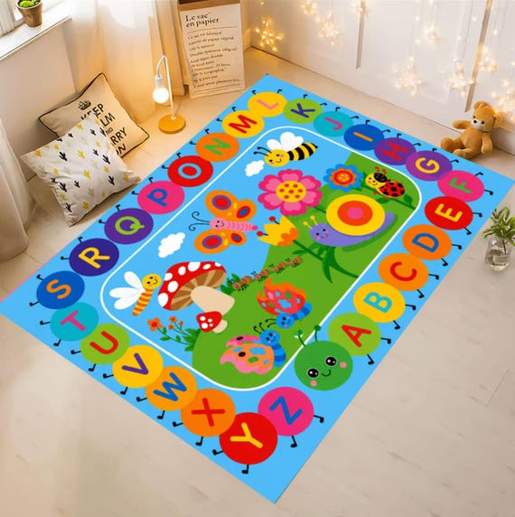 Alphabet Kids Rug, Washable Non Slip ABC Learning Carpet, Educational Playroom Rug, Preschool Nursery Classroom Decor Mat